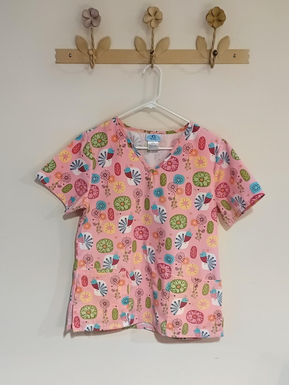 SB Scrubs Pink Floral V-Neck Top with Green Accents